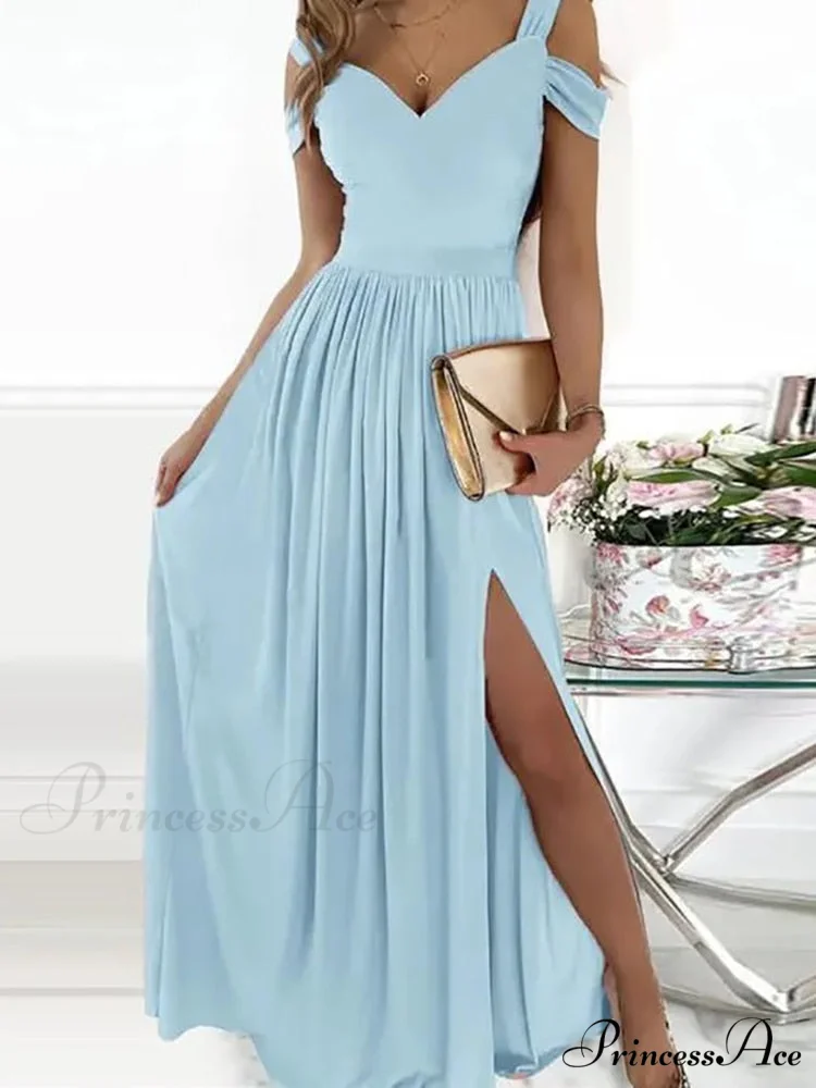 Gown Women's Solid Butterfly Warm-Season High Party Fork Split Slim Gown V Full-Length Arm Brief Neck Waist Casual Vestidos - Image 10
