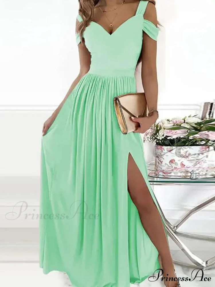Gown Women's Solid Butterfly Warm-Season High Party Fork Split Slim Gown V Full-Length Arm Brief Neck Waist Casual Vestidos - Image 11