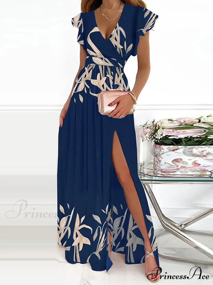 Gown Women's Solid Butterfly Warm-Season High Party Fork Split Slim Gown V Full-Length Arm Brief Neck Waist Casual Vestidos - Image 3