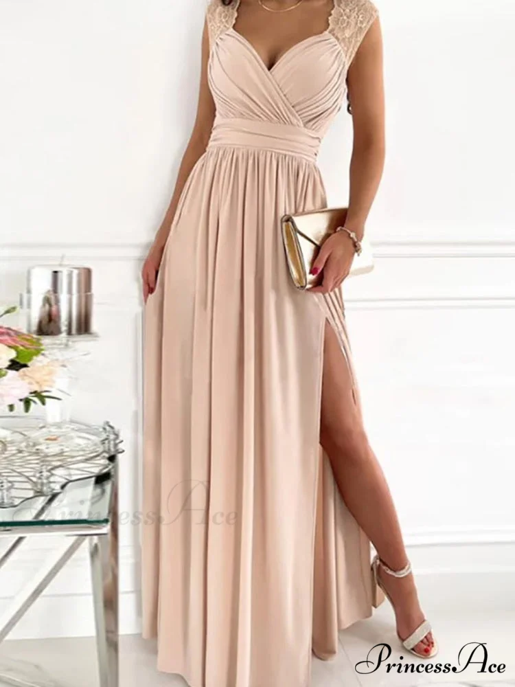 Gown Women's Solid Butterfly Warm-Season High Party Fork Split Slim Gown V Full-Length Arm Brief Neck Waist Casual Vestidos - Image 4