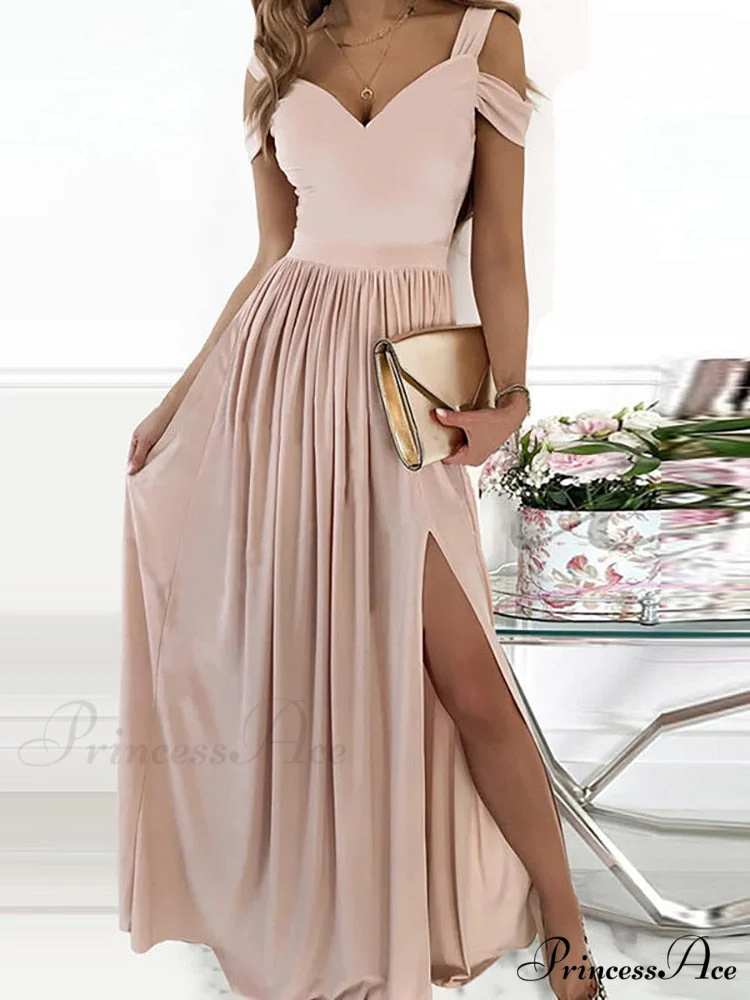 Gown Women's Solid Butterfly Warm-Season High Party Fork Split Slim Gown V Full-Length Arm Brief Neck Waist Casual Vestidos - Image 5
