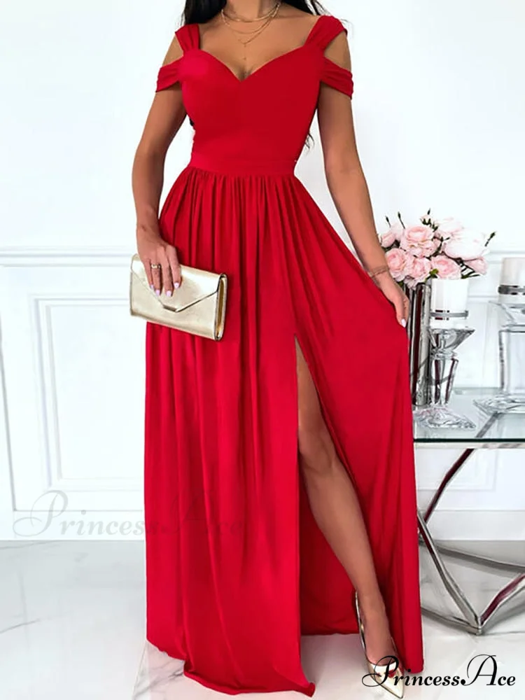 Gown Women's Solid Butterfly Warm-Season High Party Fork Split Slim Gown V Full-Length Arm Brief Neck Waist Casual Vestidos - Image 7