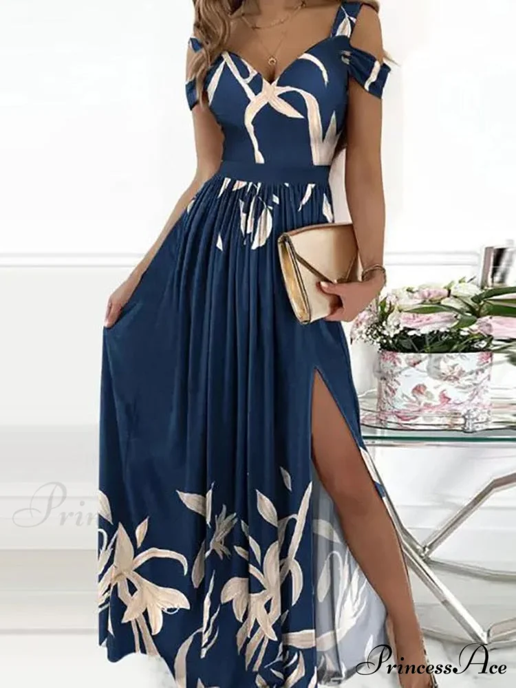 Gown Women's Solid Butterfly Warm-Season High Party Fork Split Slim Gown V Full-Length Arm Brief Neck Waist Casual Vestidos - Image 8