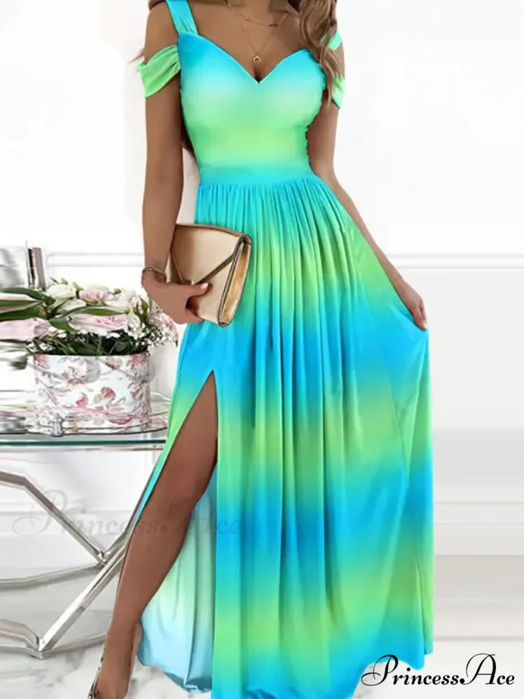 Gown Women's Solid Butterfly Warm-Season High Party Fork Split Slim Gown V Full-Length Arm Brief Neck Waist Casual Vestidos - Image 9