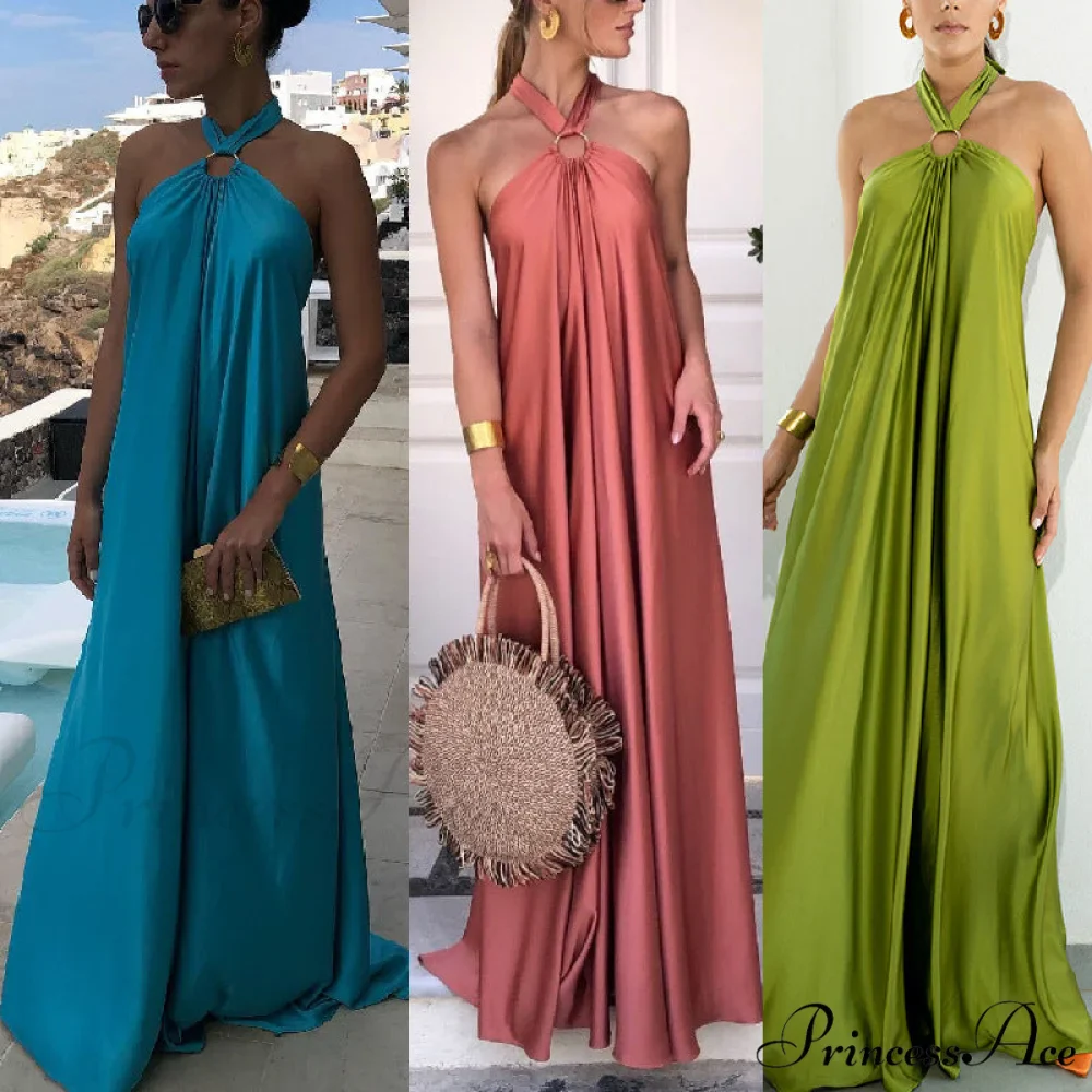 Warm-Season Party Tie-up Halter - Off Shoulder Casual Gown Backless Fashion Coastal Bandage with Long Women's Robe - Image 7