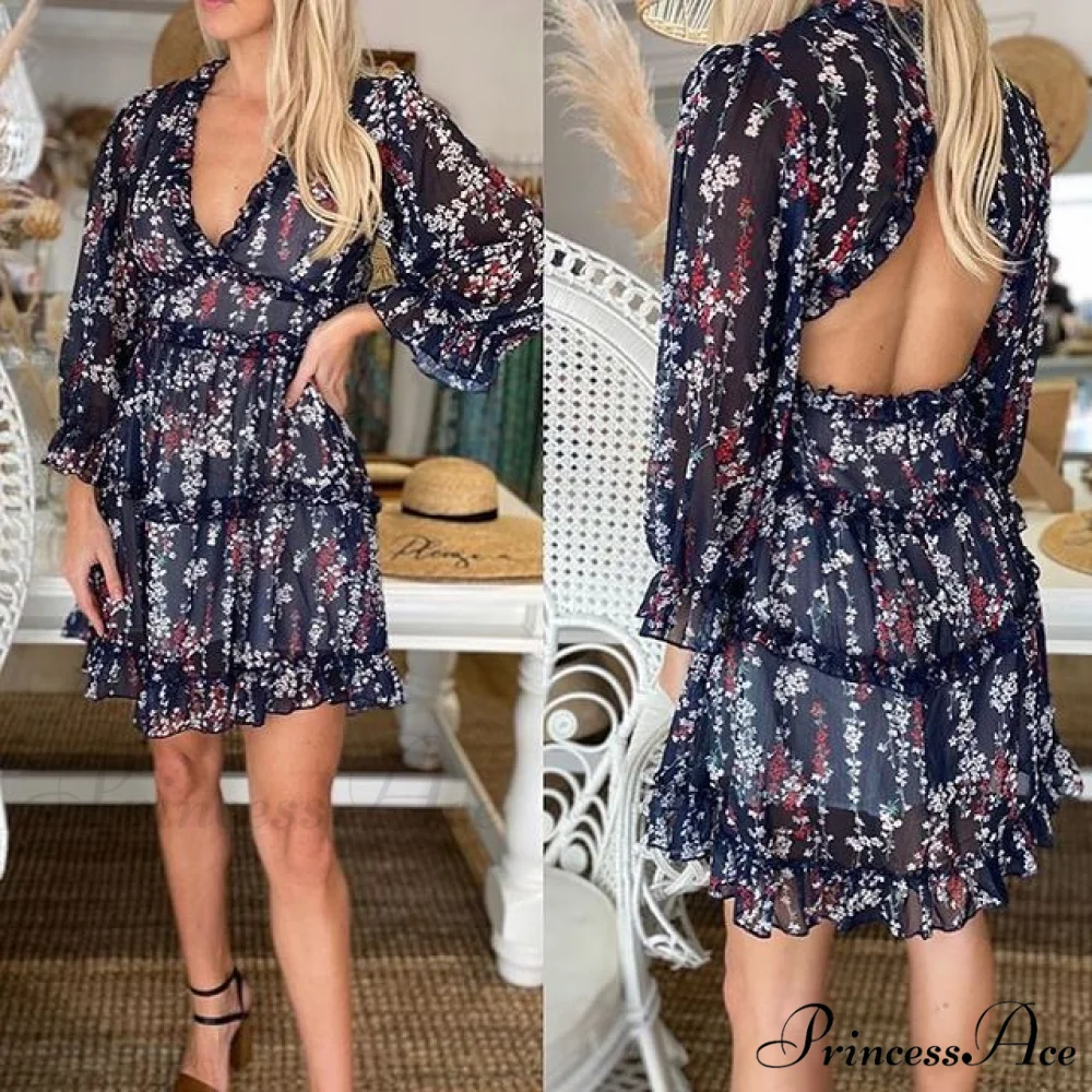 Party Gown Harlow Backless Design V-Neck Mini - Warm-Season Ruffle - Women's Flowered Dress - Image 13