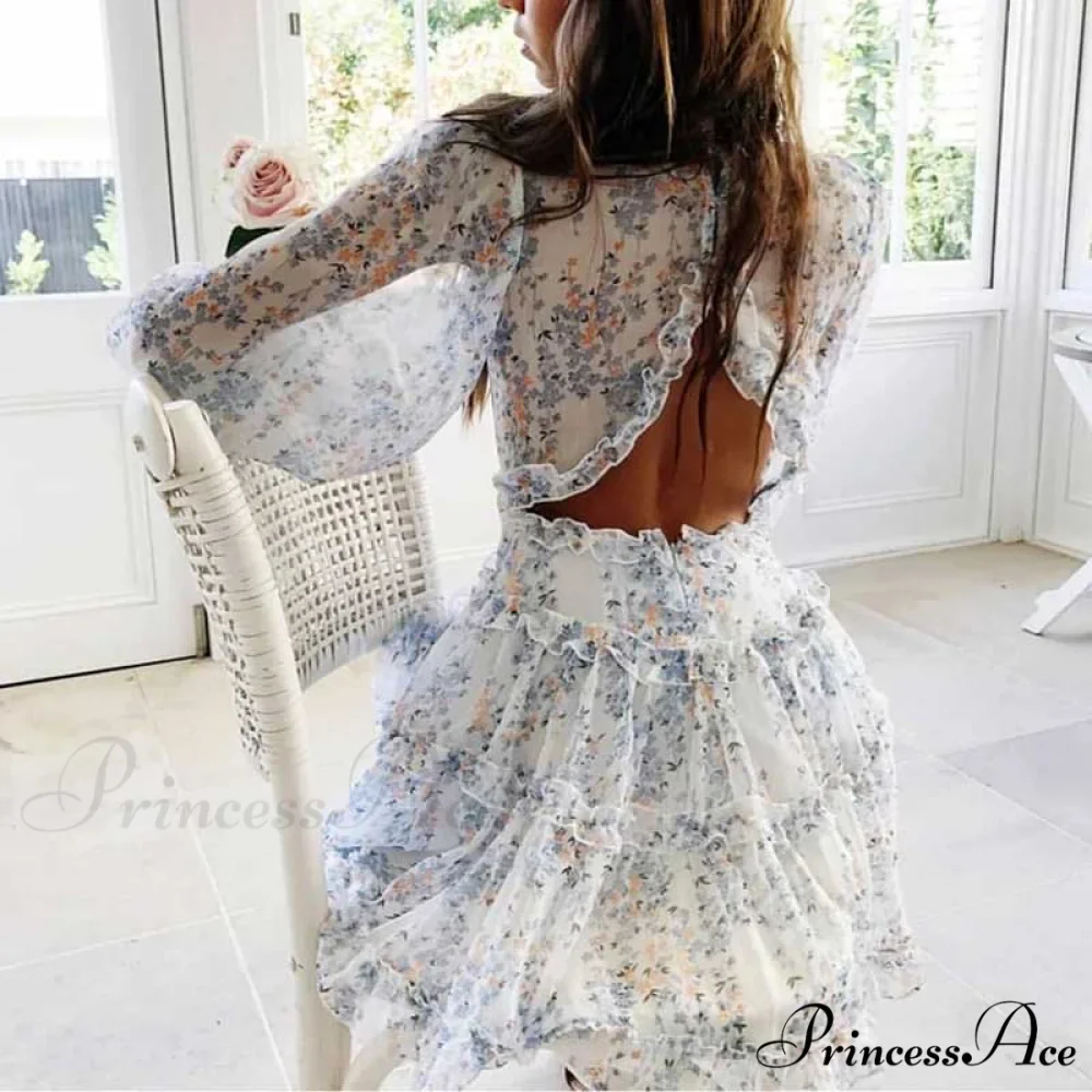 Party Gown Harlow Backless Design V-Neck Mini - Warm-Season Ruffle - Women's Flowered Dress - Image 2