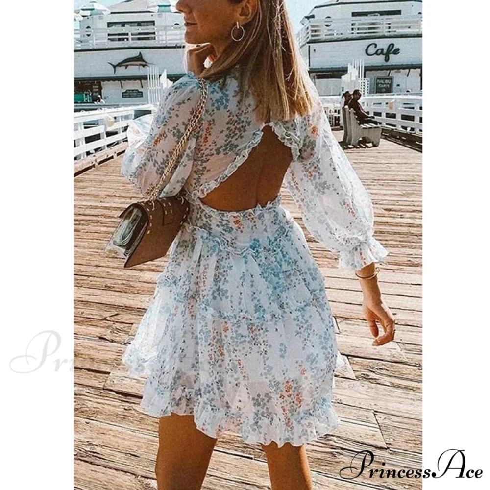 Party Gown Harlow Backless Design V-Neck Mini - Warm-Season Ruffle - Women's Flowered Dress - Image 4