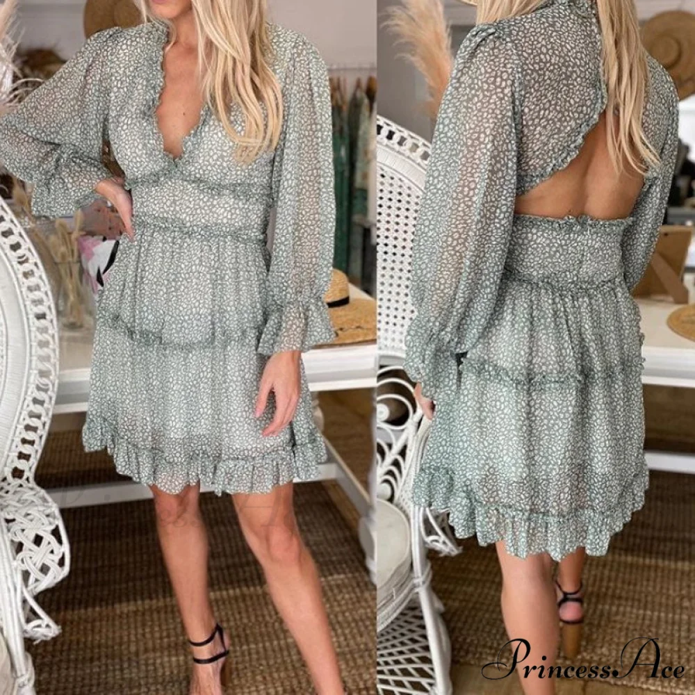 Party Gown Harlow Backless Design V-Neck Mini - Warm-Season Ruffle - Women's Flowered Dress - Image 7