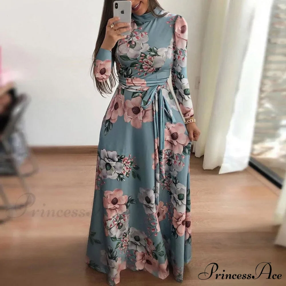 Robe Dresses Autumn Casual Full-Length Long Plus Size Flower Sashes Slim Arm Design Party Gown Spring S-5XL - Image 3