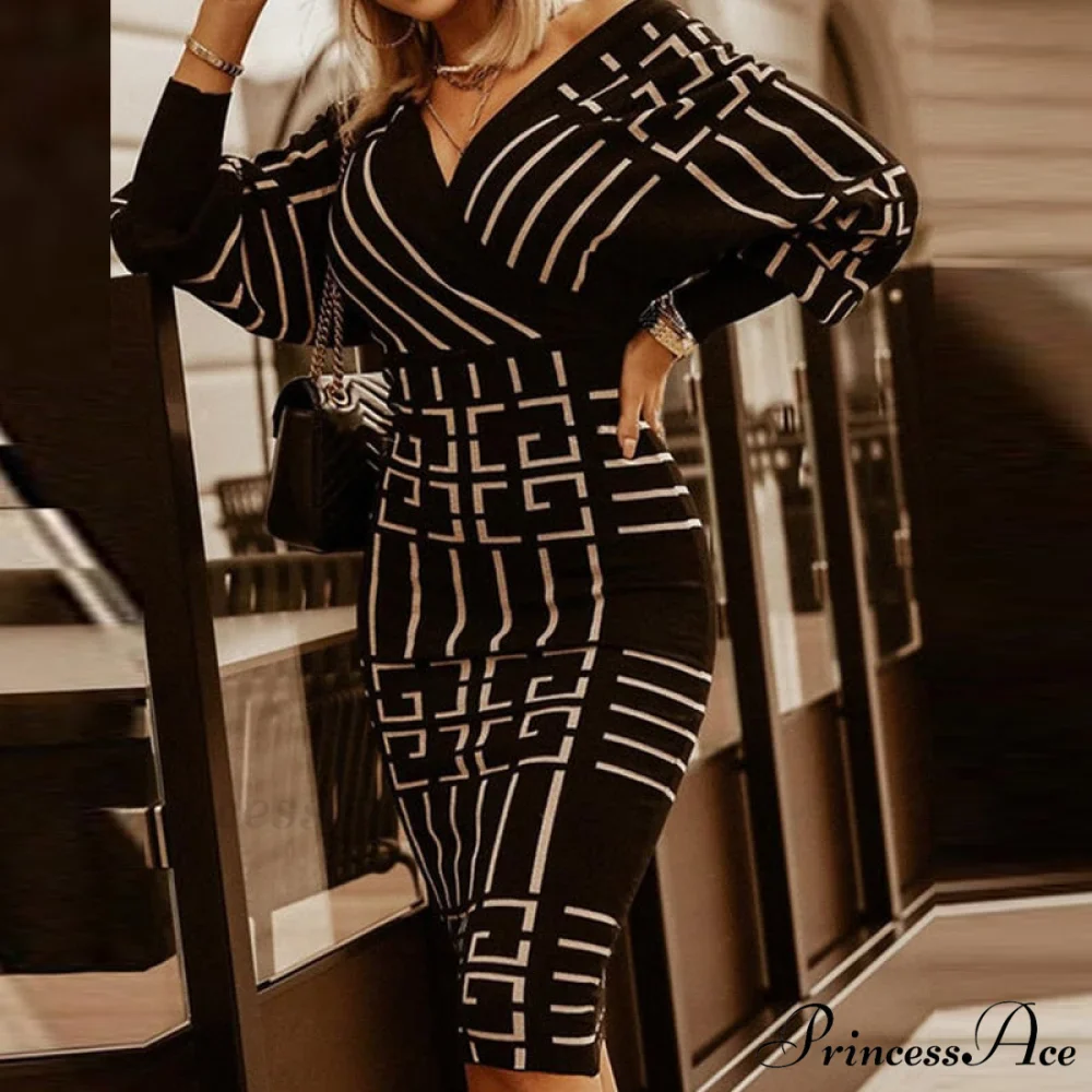 Deep - Party - V-Neck Plaid Gown Long Hip Streetwear Arm Spring Casual Autumn Gown Striped Vestidos - Image 5