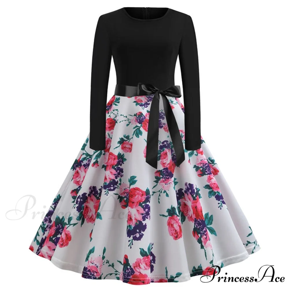 Swing 50S Gown Black Vintage 60S Plus Pinup Winter Arm Women Christmas Party Long Size Print - Image 12