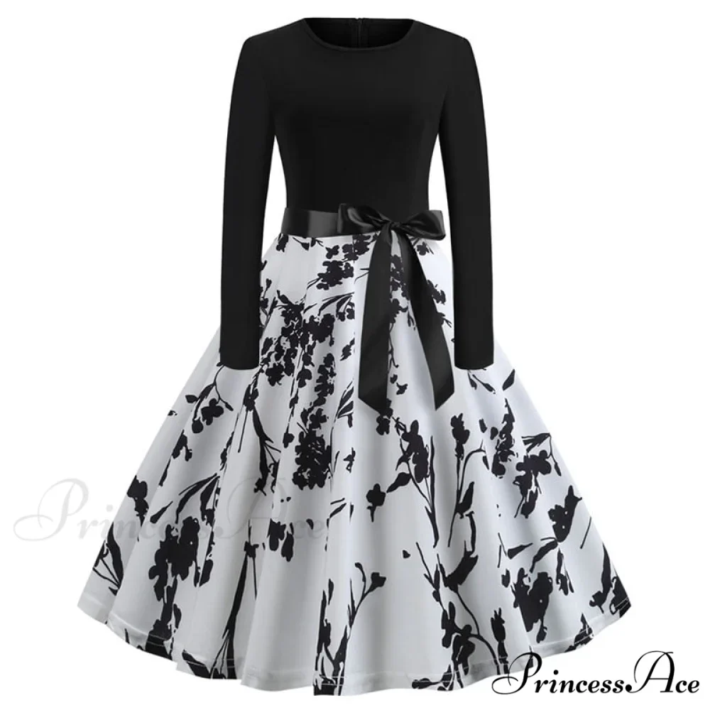 Swing 50S Gown Black Vintage 60S Plus Pinup Winter Arm Women Christmas Party Long Size Print - Image 13