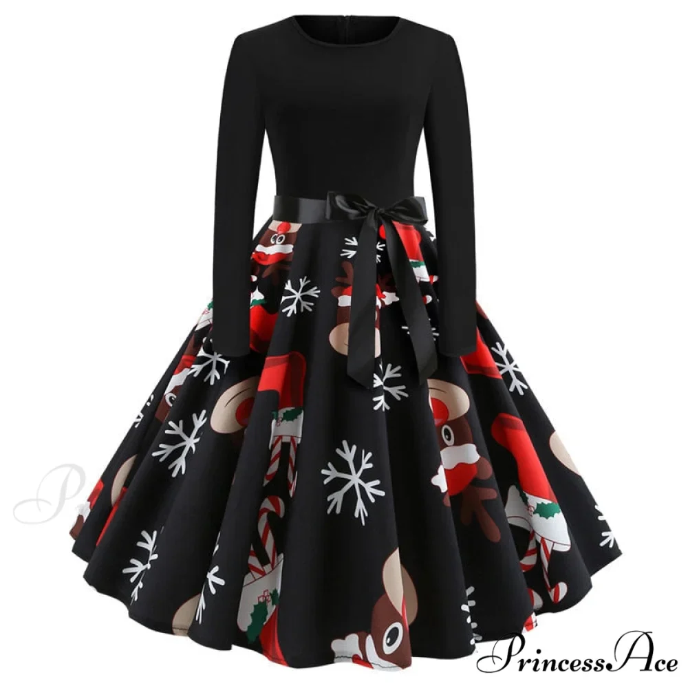 Swing 50S Gown Black Vintage 60S Plus Pinup Winter Arm Women Christmas Party Long Size Print - Image 4