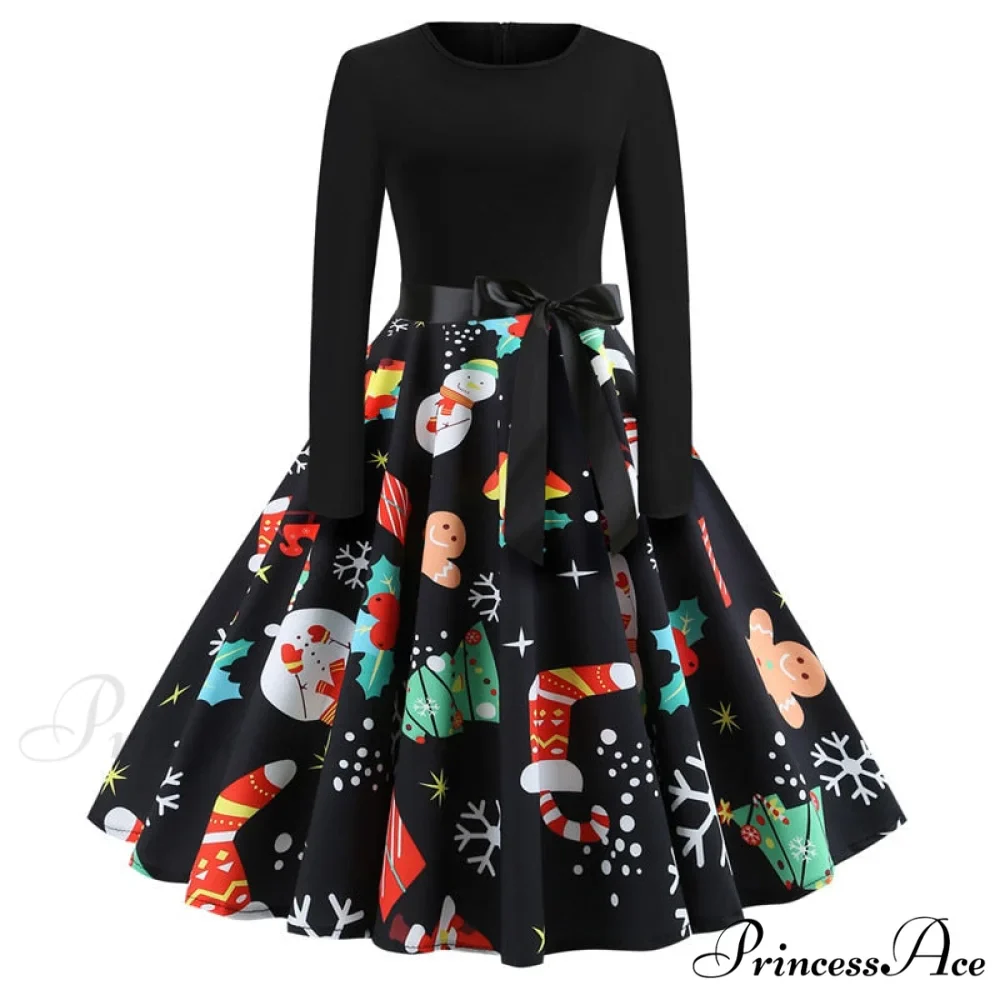Swing 50S Gown Black Vintage 60S Plus Pinup Winter Arm Women Christmas Party Long Size Print - Image 5