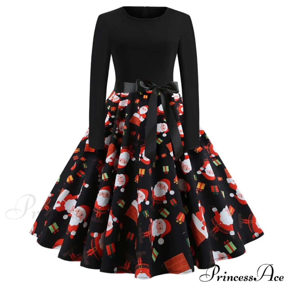 Swing 50S Gown Black Vintage 60S Plus Pinup Winter Arm Women Christmas Party Long Size Print - Image 6