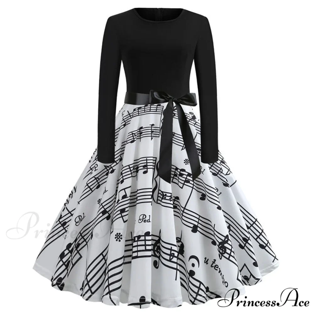 Swing 50S Gown Black Vintage 60S Plus Pinup Winter Arm Women Christmas Party Long Size Print - Image 7
