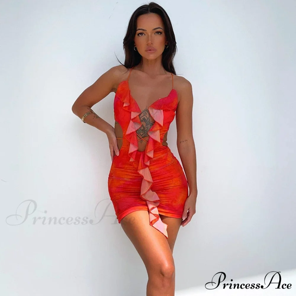 Backless Women Halter Ruffle Gown Party Coastal Festive Hollow - Out for Mini Bodycon Sexy Vestido - Image 5