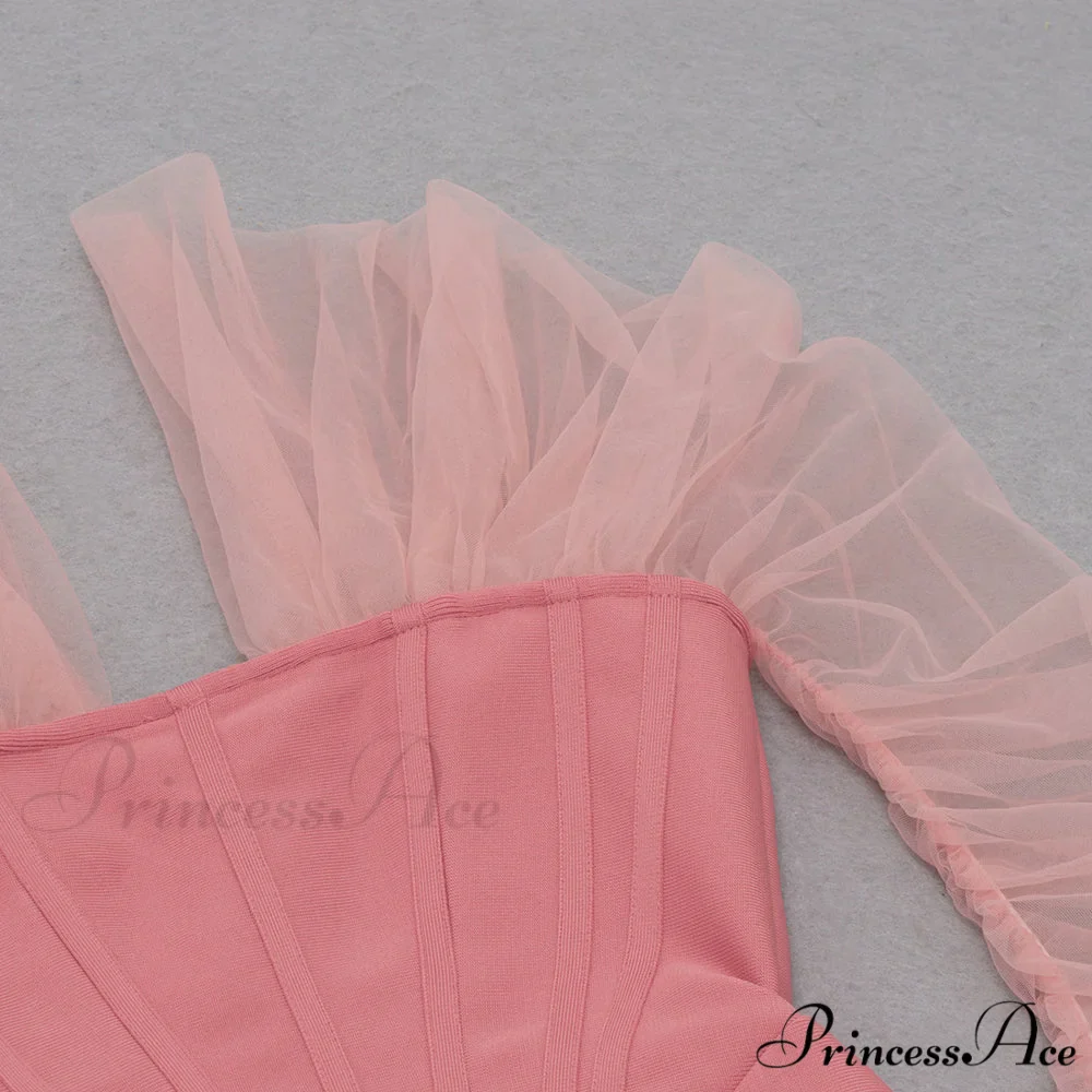 Long Arm Pink Warm-Season Sexy Bodycon Mesh Shoulder Bandage Backless Mini Women Off Dress - Image 11