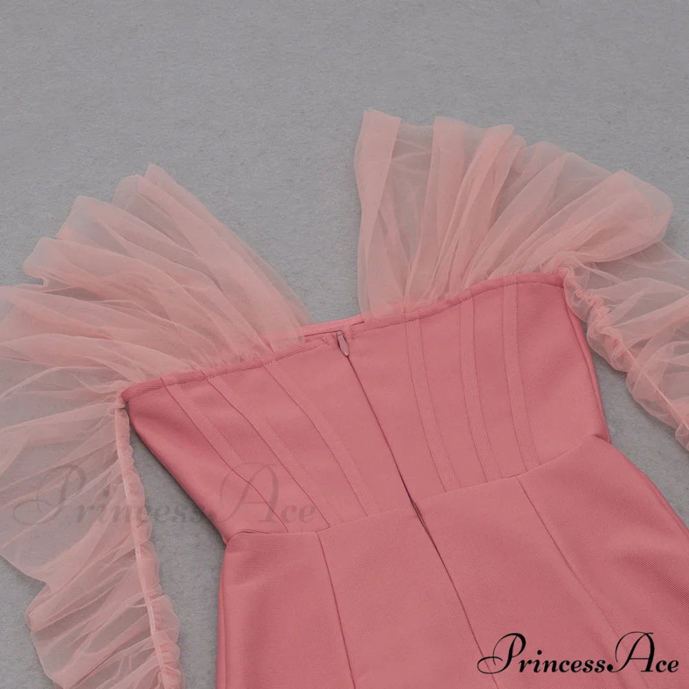 Long Arm Pink Warm-Season Sexy Bodycon Mesh Shoulder Bandage Backless Mini Women Off Dress - Image 12