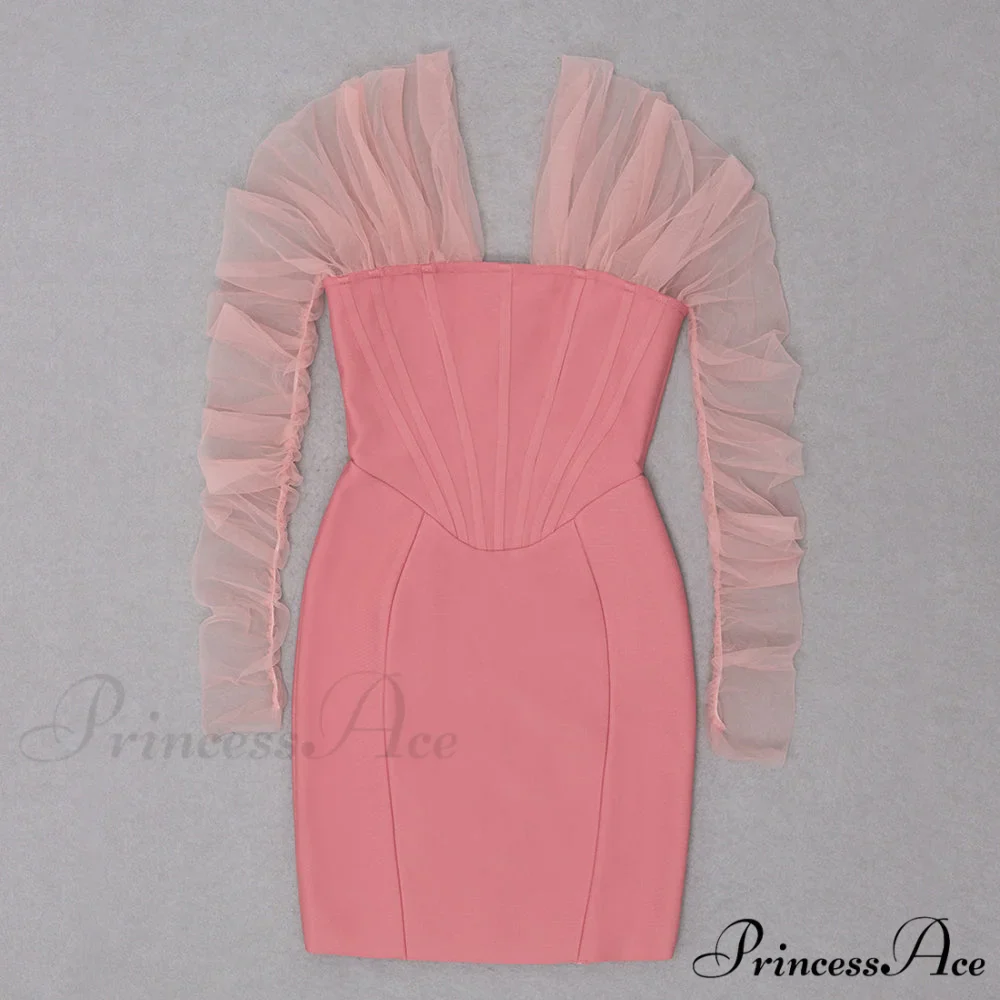 Long Arm Pink Warm-Season Sexy Bodycon Mesh Shoulder Bandage Backless Mini Women Off Dress - Image 8