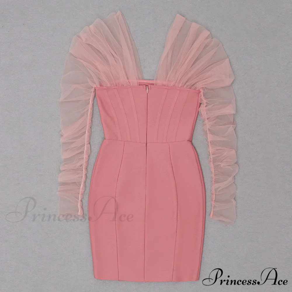 Long Arm Pink Warm-Season Sexy Bodycon Mesh Shoulder Bandage Backless Mini Women Off Dress - Image 9