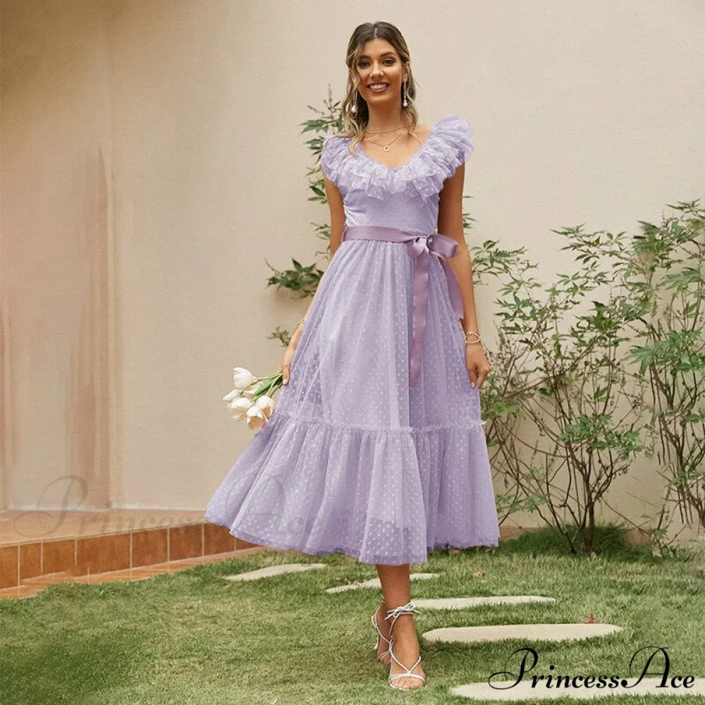 Sash Polka - Backless Mesh Party Full-Length Ruffle Sleeveless Dot Elegant - Tulle Warm-Season Pink V-neck Gown Vestido - Image 10
