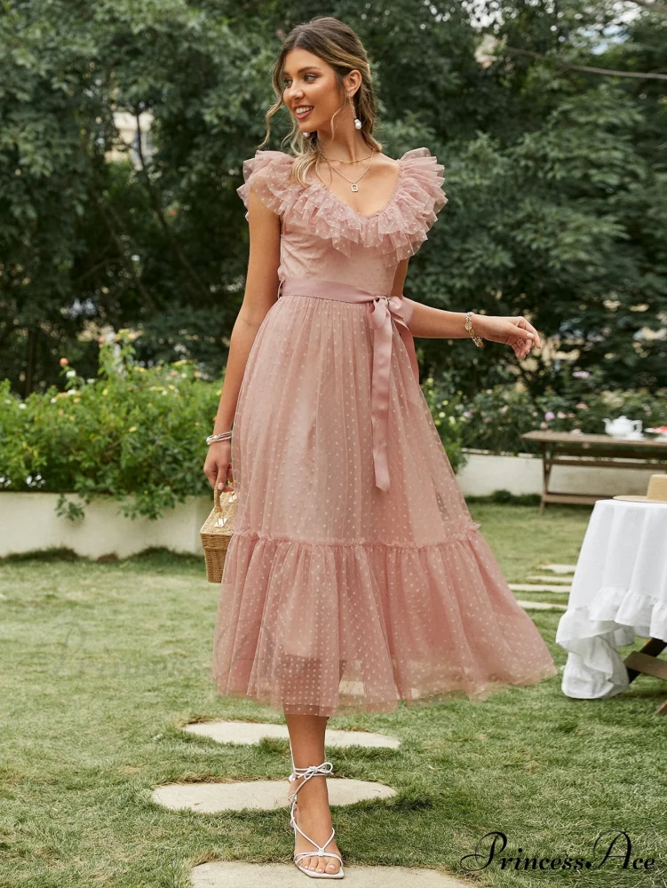 Sash Polka - Backless Mesh Party Full-Length Ruffle Sleeveless Dot Elegant - Tulle Warm-Season Pink V-neck Gown Vestido - Image 2