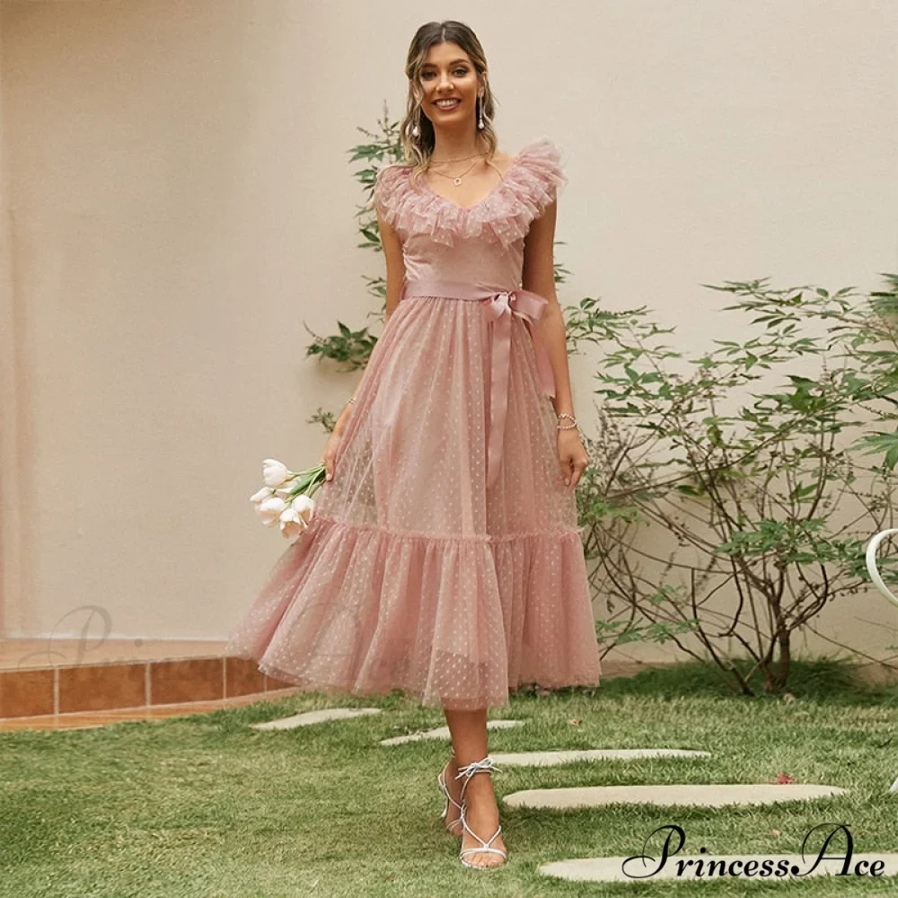 Sash Polka - Backless Mesh Party Full-Length Ruffle Sleeveless Dot Elegant - Tulle Warm-Season Pink V-neck Gown Vestido - Image 4