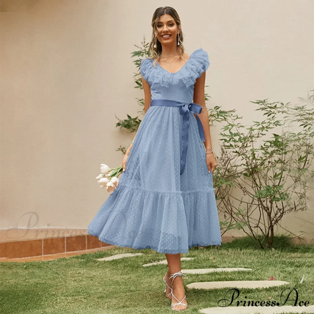 Sash Polka - Backless Mesh Party Full-Length Ruffle Sleeveless Dot Elegant - Tulle Warm-Season Pink V-neck Gown Vestido - Image 5