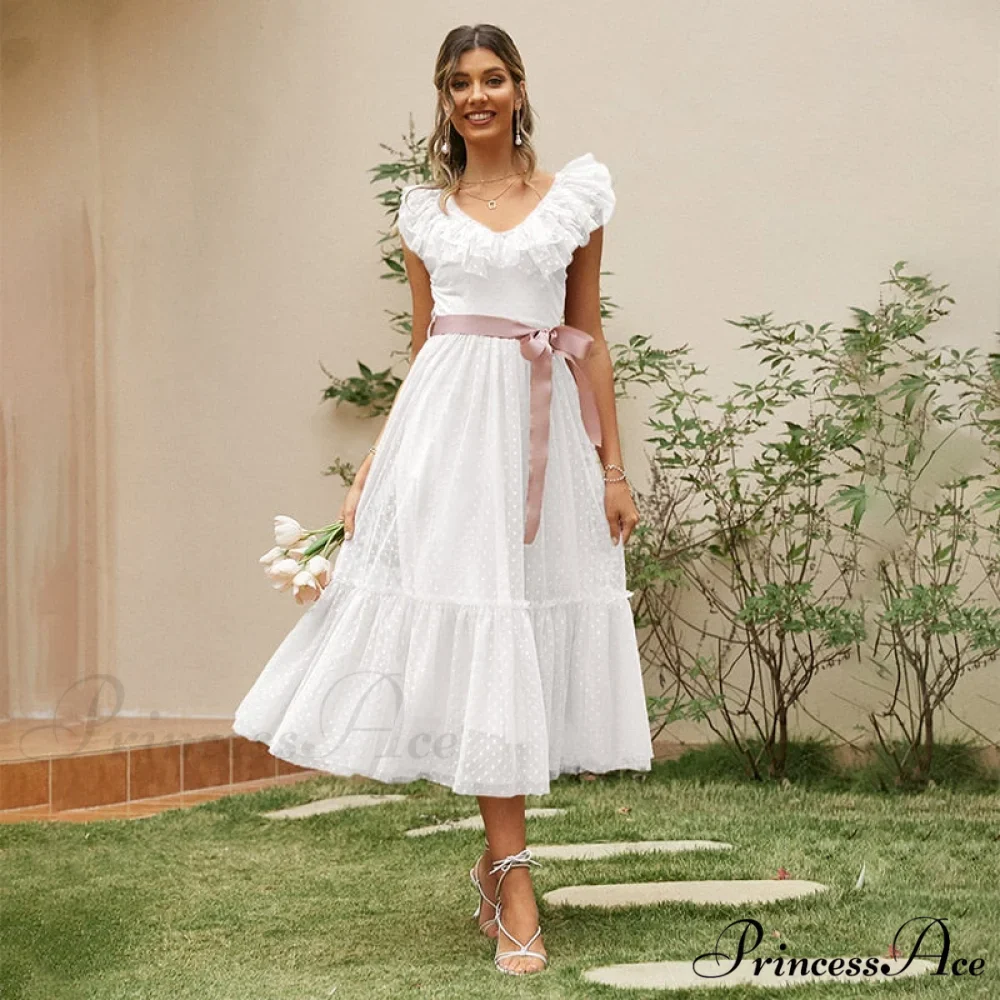 Sash Polka - Backless Mesh Party Full-Length Ruffle Sleeveless Dot Elegant - Tulle Warm-Season Pink V-neck Gown Vestido - Image 6