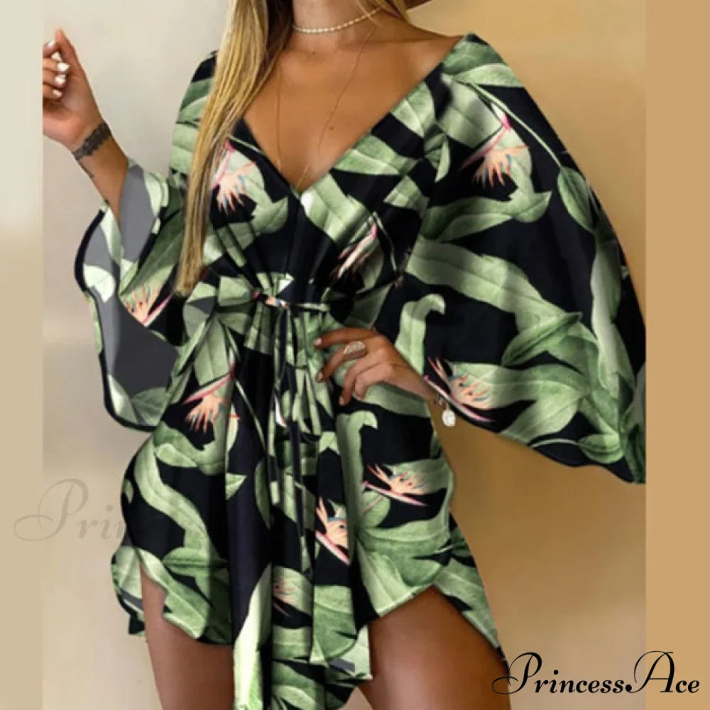 Batwing Gown Mini Gown Lace-Up Harajuku Casual Irregular Design Leopard Party - Sexy Foliage Women Elegant V-Neck Sleeve - Image 6
