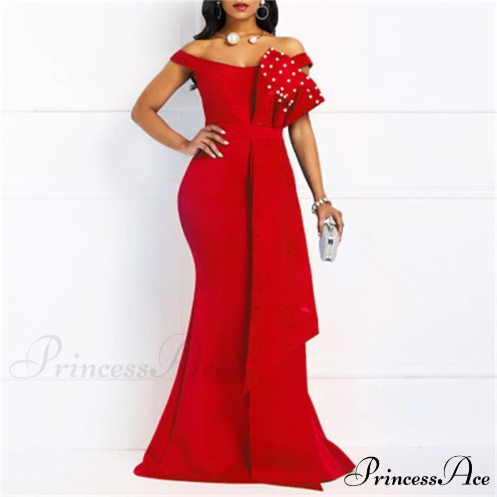 Gown Lace Elegant Embroidery Red Women Cut Low Party Beaded - - Mermaid Warm-Season Floor-Length - Image 6