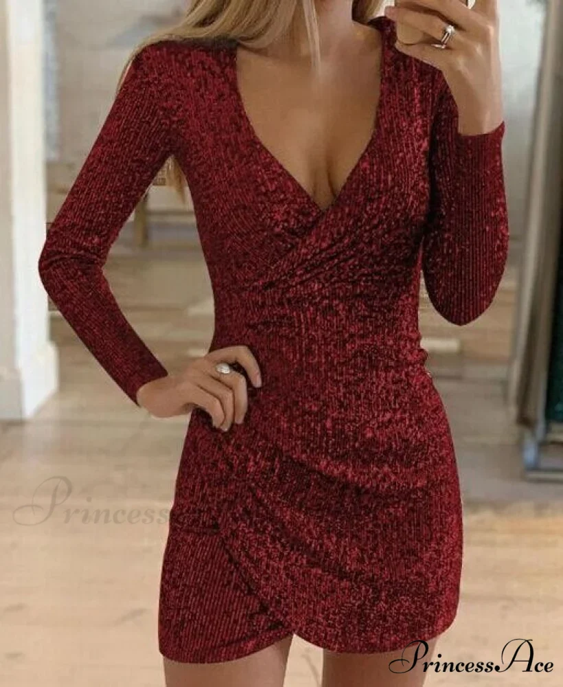 Arm V-Neck Long Women's Party Sequin Elegant Glitter Dress - Image 10