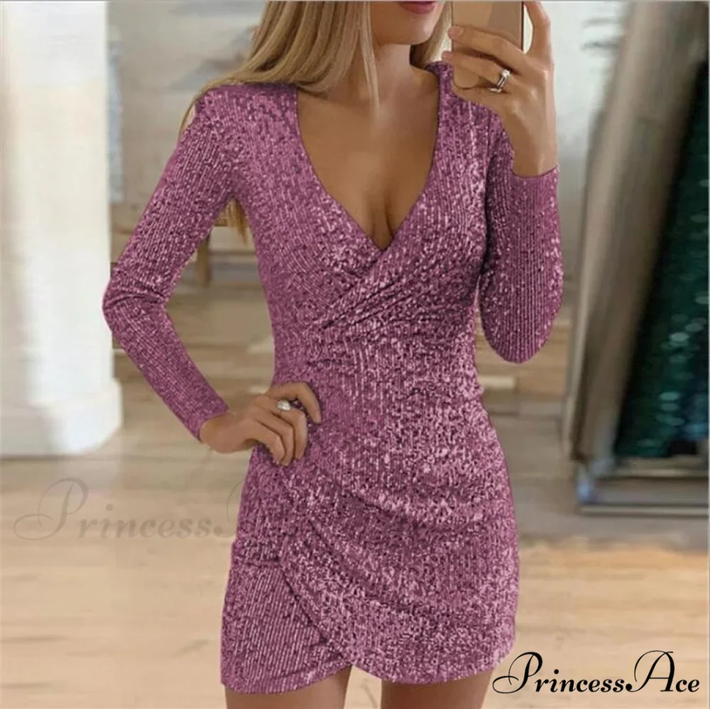 Arm V-Neck Long Women's Party Sequin Elegant Glitter Dress - Image 11
