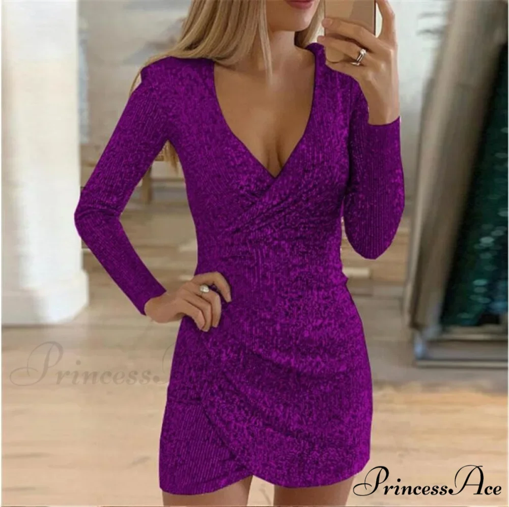 Arm V-Neck Long Women's Party Sequin Elegant Glitter Dress - Image 8