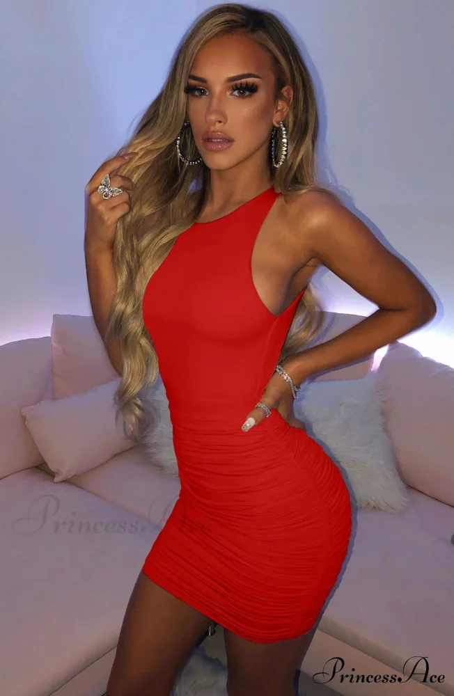Ruched Tank Sexy Bodycon Backless Lady Black O-Neck Hollow Gown Dresses White Sleeveless Out Party Mini Gown Women Summer - Image 2