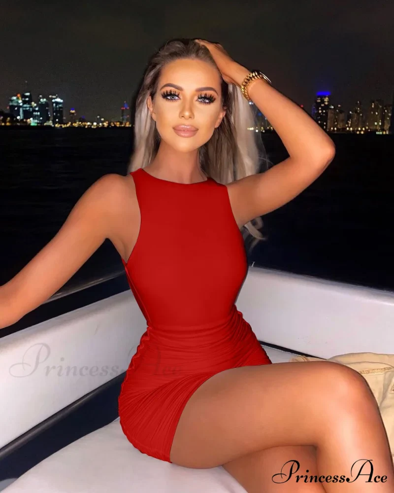 Ruched Tank Sexy Bodycon Backless Lady Black O-Neck Hollow Gown Dresses White Sleeveless Out Party Mini Gown Women Summer - Image 3