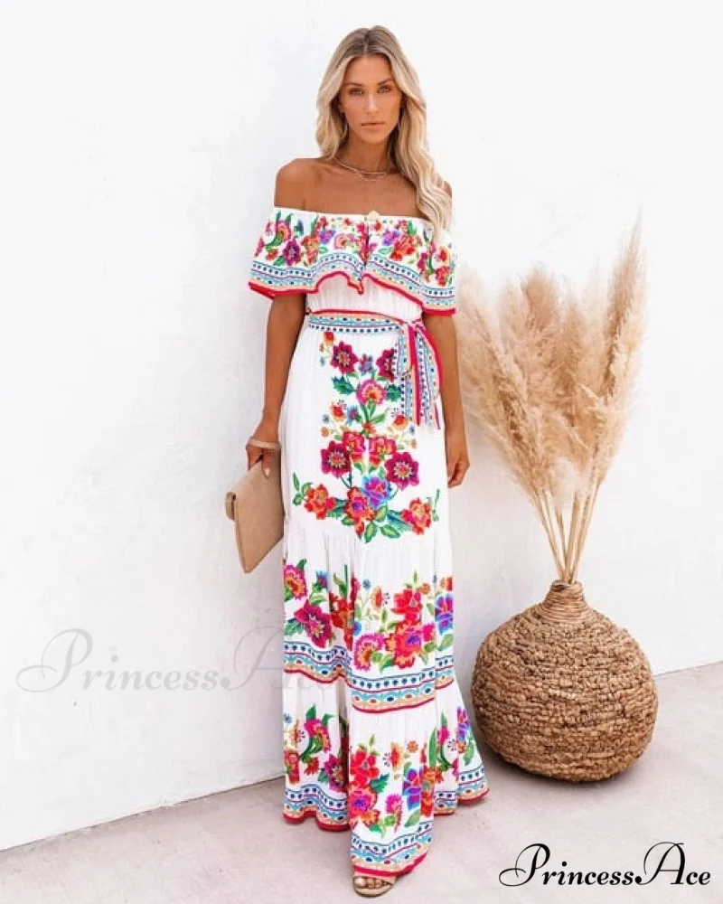 Women Gown Flowered Shoulder Streetwear Warm-Season for Off White - Elegant Casual Party The Long Style - Image 6