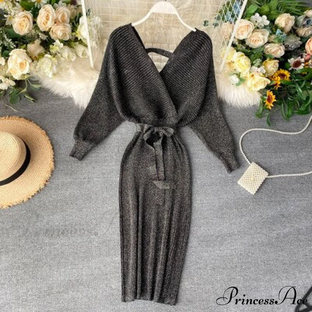 Bat V-Neck Vintage with Sweater Gown Green Knitted Sleeves - Image 2