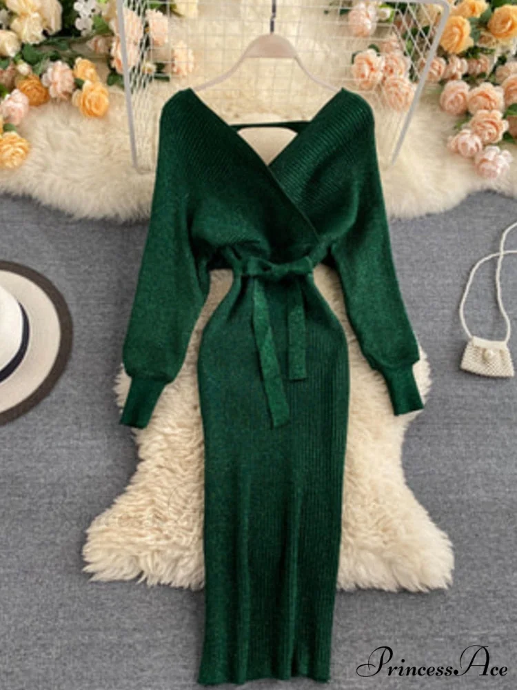 Bat V-Neck Vintage with Sweater Gown Green Knitted Sleeves - Image 6