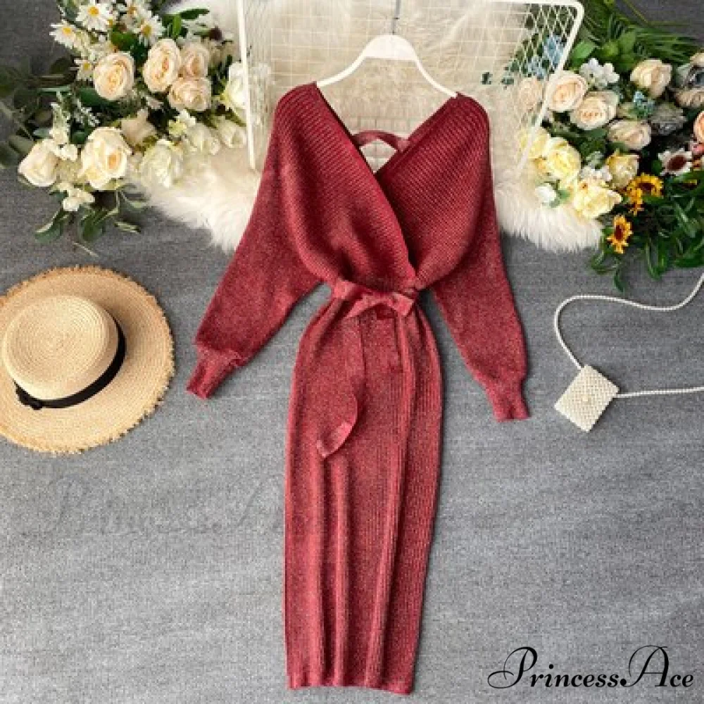 Bat V-Neck Vintage with Sweater Gown Green Knitted Sleeves - Image 8