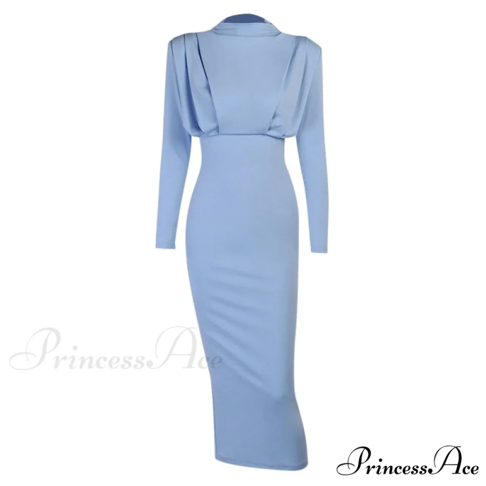 Autumn Stand Slim Party Waist Blue Arm Long Women's Neckline InstaHot Ankle Solid Elegant Length Dress - Image 2