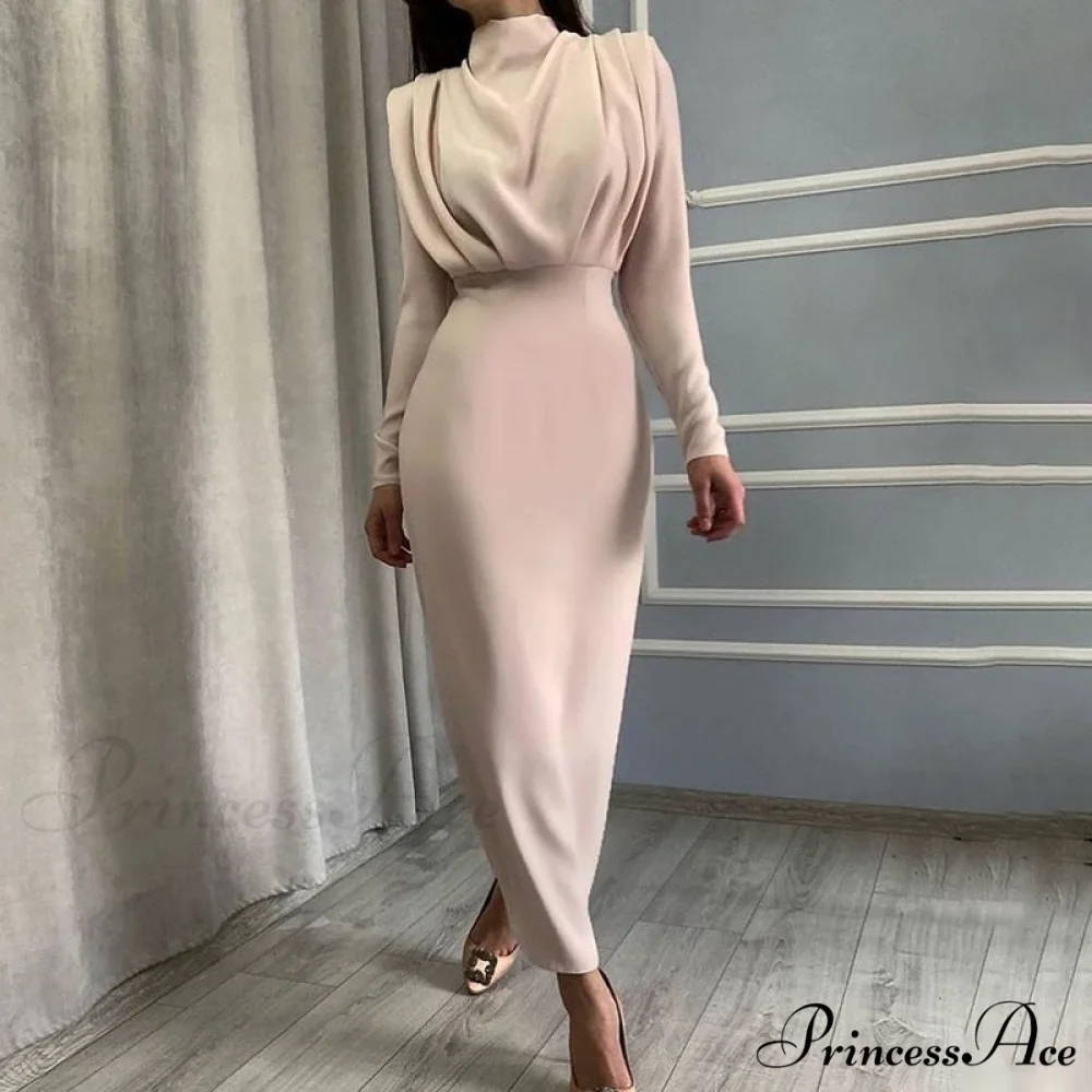 Autumn Stand Slim Party Waist Blue Arm Long Women's Neckline InstaHot Ankle Solid Elegant Length Dress - Image 3