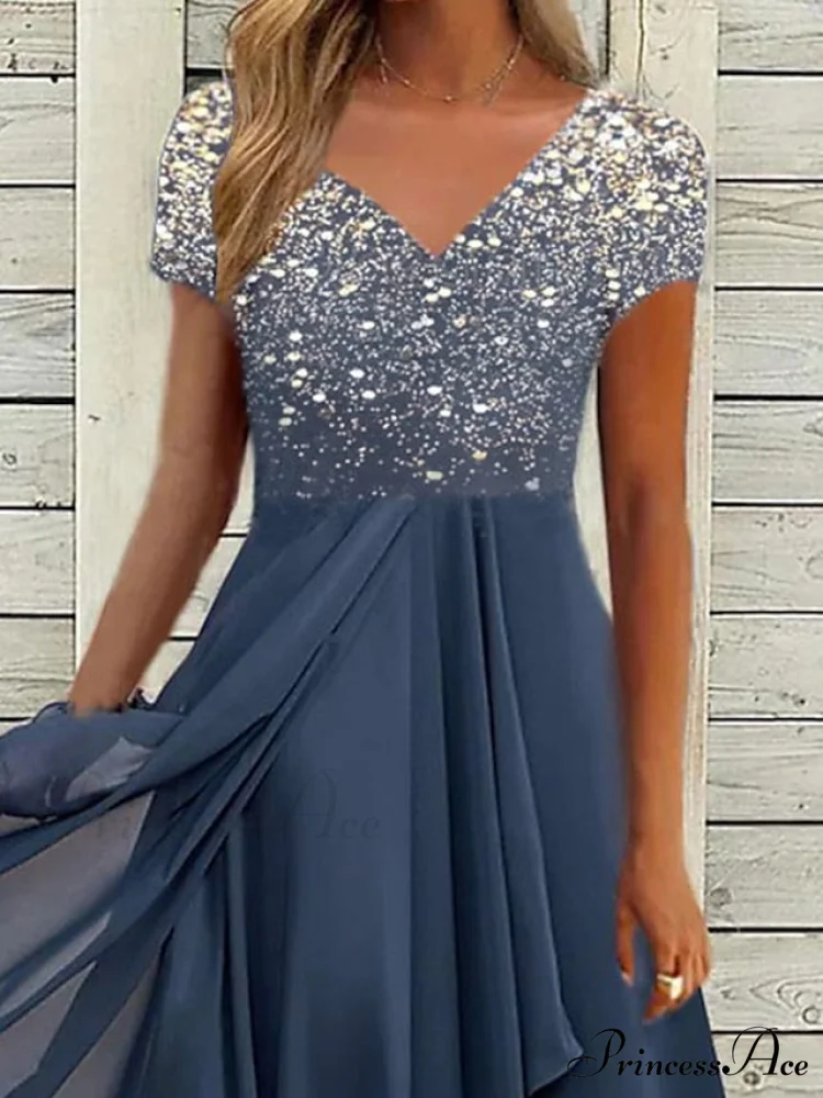 V Patchwork Line Midi A Gown with 2024 Blue Chiffon Navy Color Warm-Season - Neck Women's and Gown Gradient Spring Party - S-3XL - Image 2
