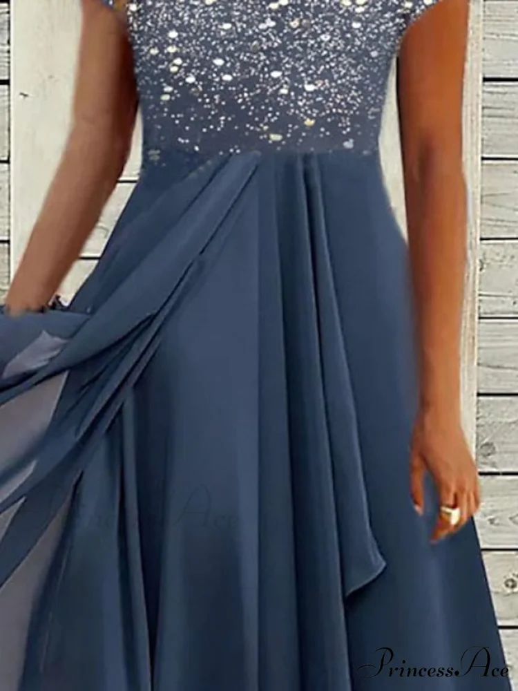 V Patchwork Line Midi A Gown with 2024 Blue Chiffon Navy Color Warm-Season - Neck Women's and Gown Gradient Spring Party - S-3XL - Image 3