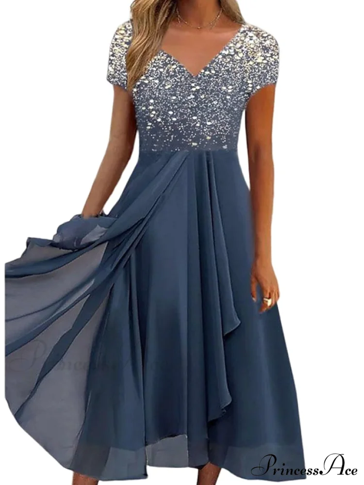 V Patchwork Line Midi A Gown with 2024 Blue Chiffon Navy Color Warm-Season - Neck Women's and Gown Gradient Spring Party - S-3XL - Image 4