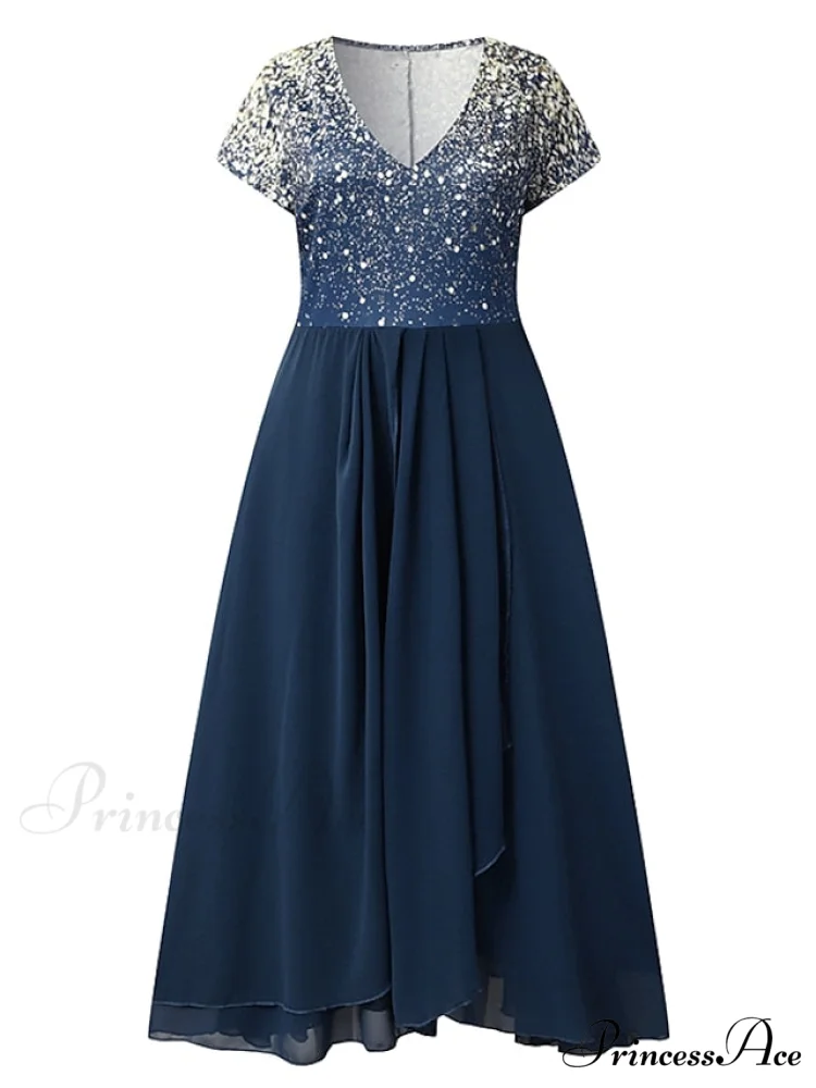 V Patchwork Line Midi A Gown with 2024 Blue Chiffon Navy Color Warm-Season - Neck Women's and Gown Gradient Spring Party - S-3XL - Image 5