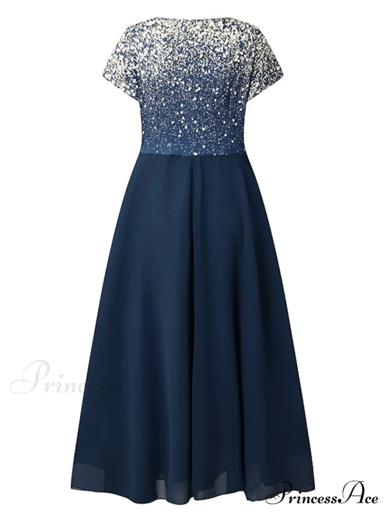 V Patchwork Line Midi A Gown with 2024 Blue Chiffon Navy Color Warm-Season - Neck Women's and Gown Gradient Spring Party - S-3XL - Image 6