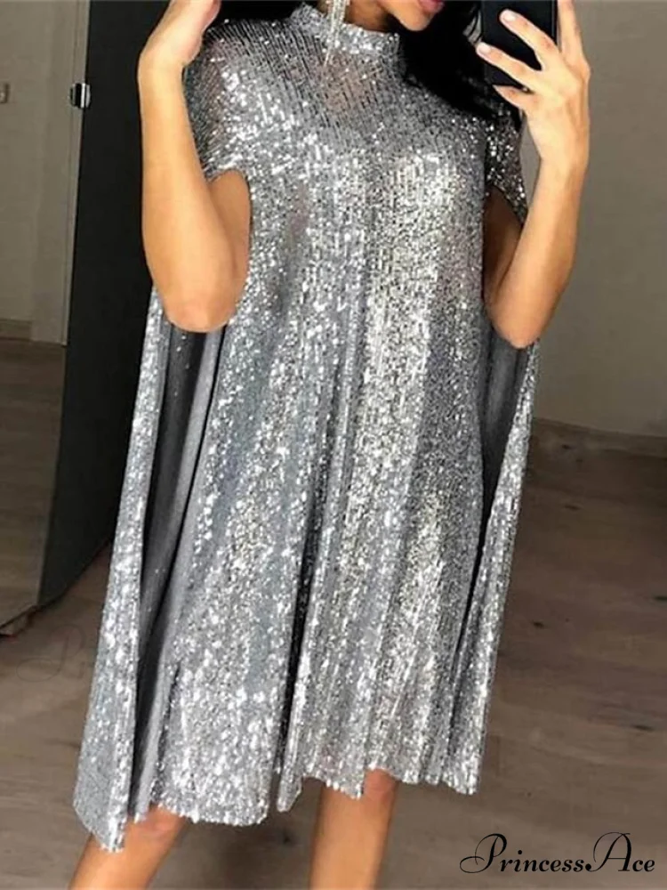 Elegant Women's Silver Party 2024 Crew Gown Sequins Semi Sizes Split Formal Sequin Gown Neck Mini Brief Gold Sleeveless S-XXL - Image 9